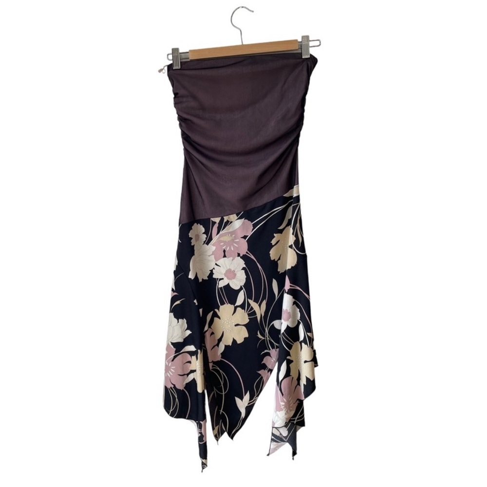 Vintage Y2K Mesh Midi Floral Asymmetrical Strapless Dress